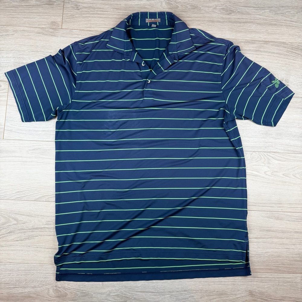 Peter Millar Summer Comfort Mens Large Polo Shirt Navy Green Striped‎ MC00EK05